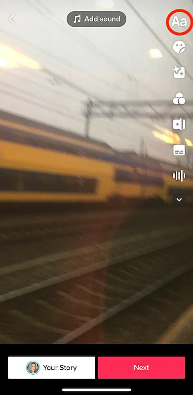 The image shows TikTok edit page, the text icon is highlighted.